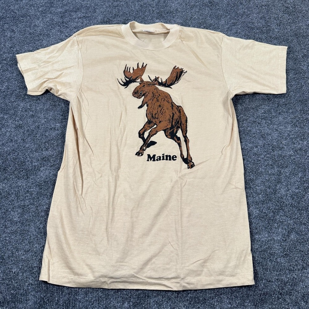 Vintage Maine Moose Shirt Mens Large Beige Hanes 50/50 Graphic Made USA 80s